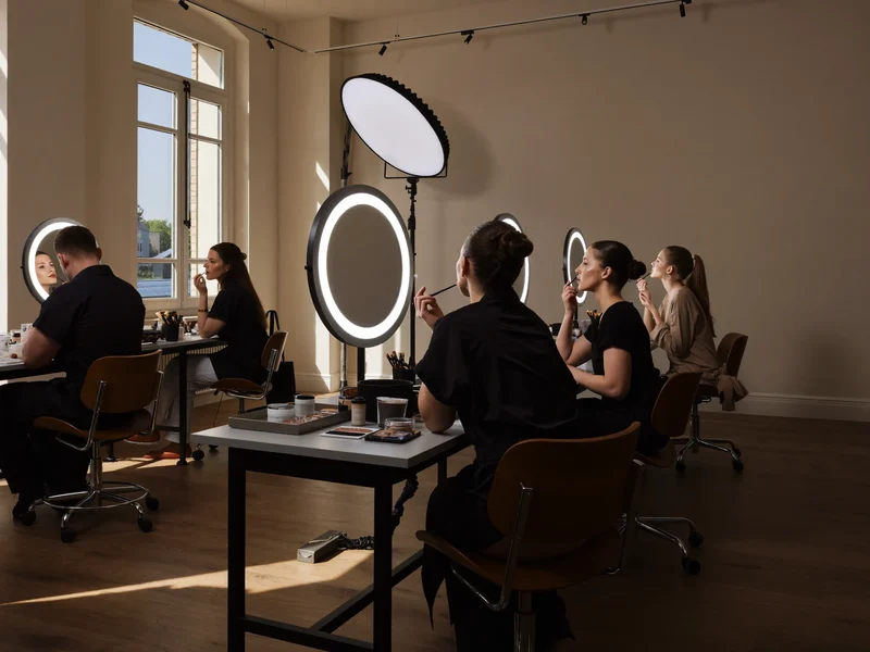 Øvelokale med flere stationer med spejle og modeller i arbejde